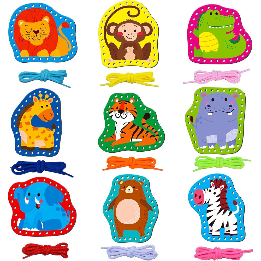 SpriteGru 9 Pieces Kids Lacing Cards front packaging view showing colorful wild animal cards and laces.