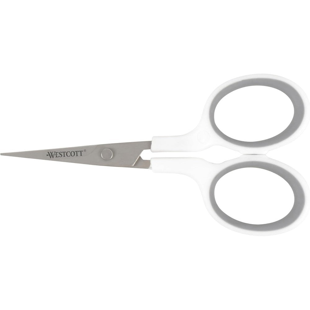 Westcott 4 inch titanium bonded straight embroidery scissors front view showcasing white and gray handles.