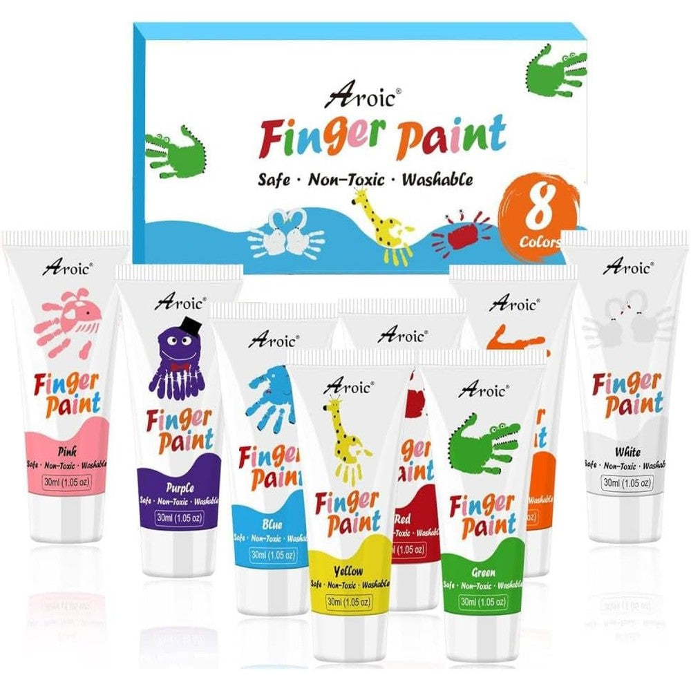 AROIC Washable Finger Paint Set front view highlighting eight non toxic colors.