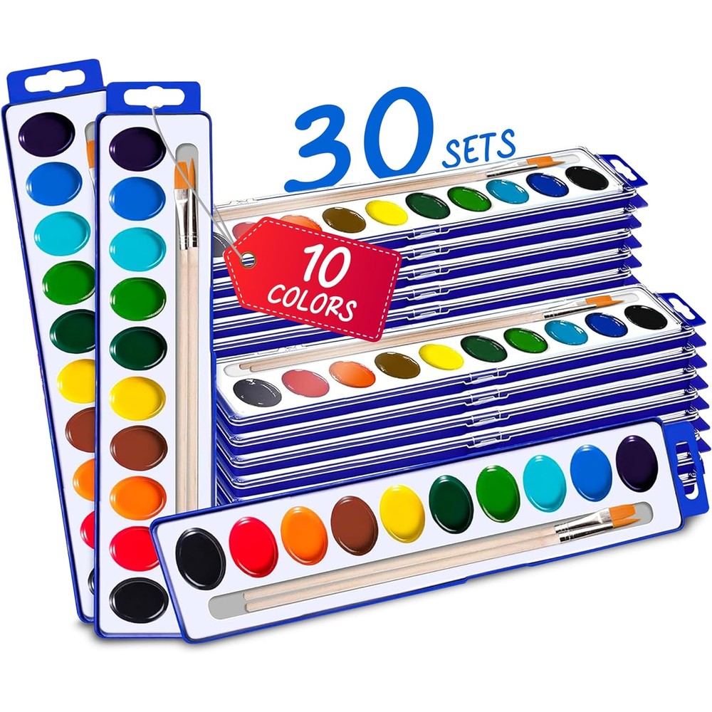 Kiggos bulk watercolor paint sets 30 pack front view showcasing ten vibrant colors for kids classrooms.