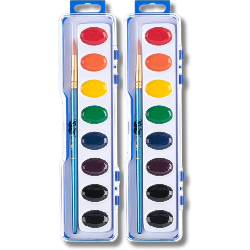 Mr. Pen Washable Watercolors two pack front view showing eight paint pans and brush