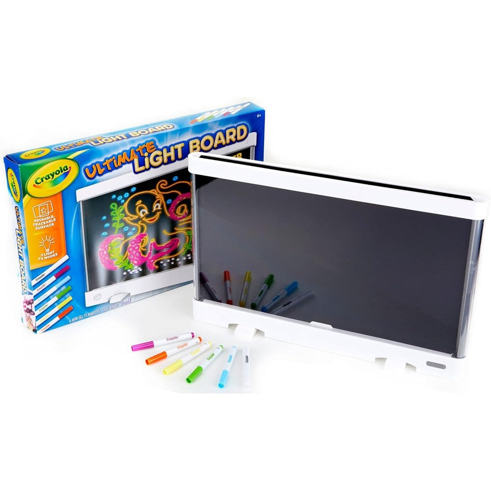 Crayola Ultimate Light Board White drawing tablet illuminated front view showing glowing marker sketches.