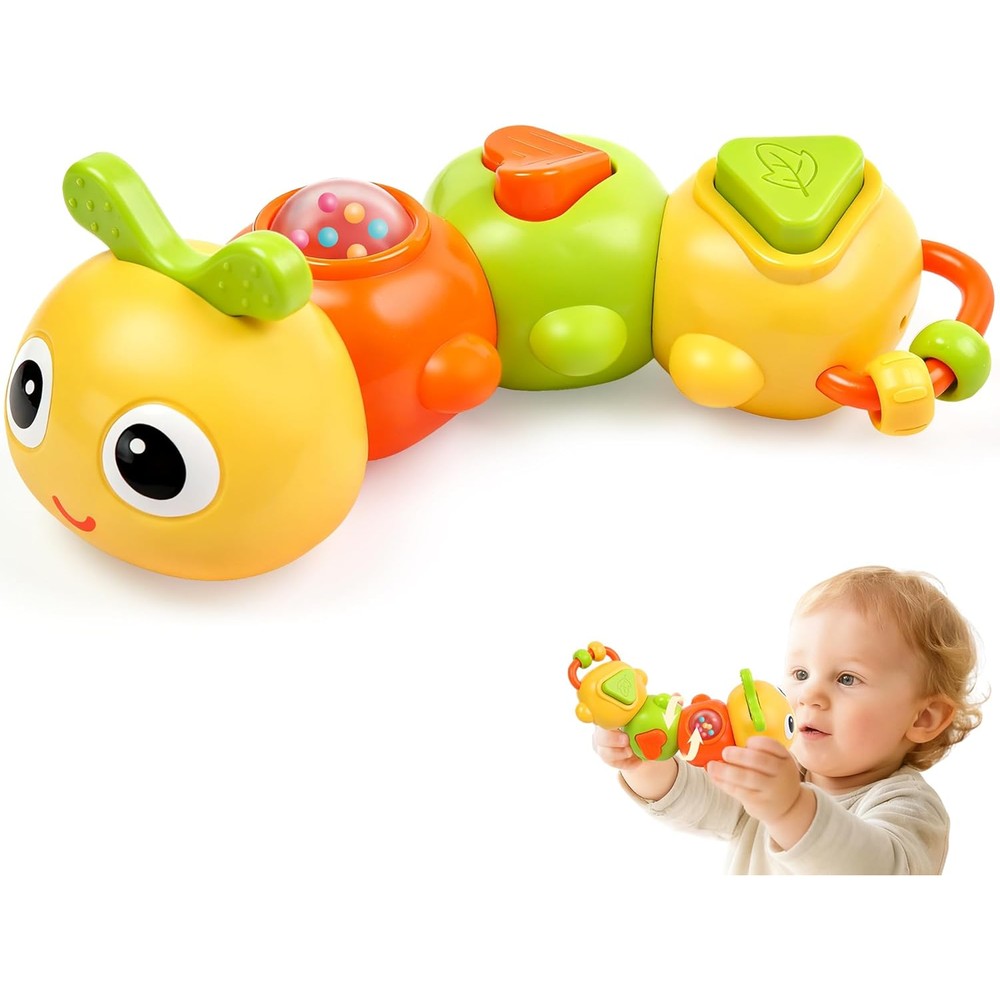 TEC TAVAKKAL Montessori sensory caterpillar toy front view showing interactive colorful panels.