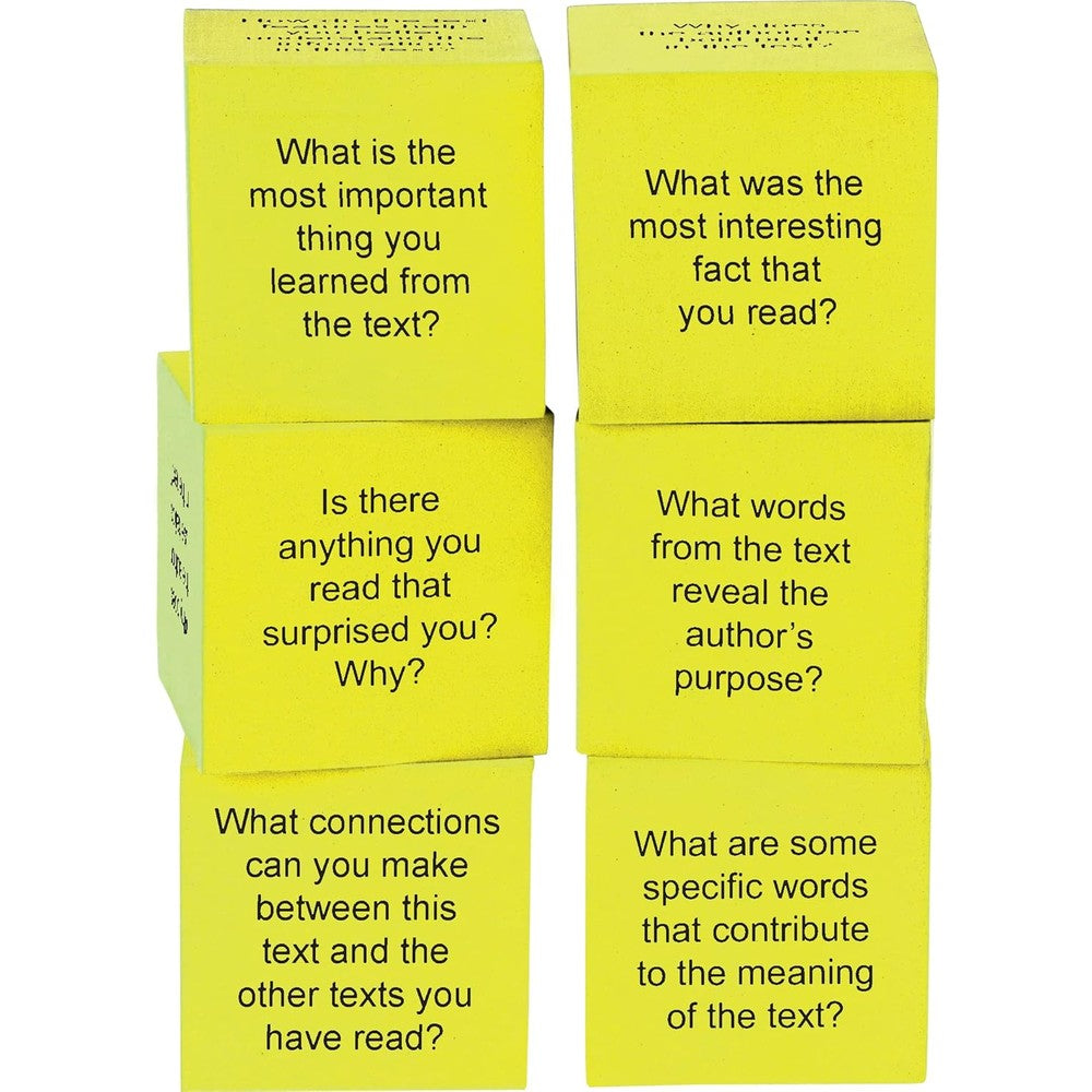 Teacher Created Resources Foam Nonfiction Comprehension Cubes front view of yellow educational dice set.