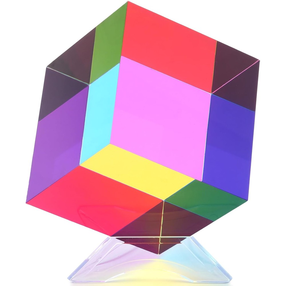 iKeelo Color Cube 80mm front view on desk stand showing cyan and magenta mixing