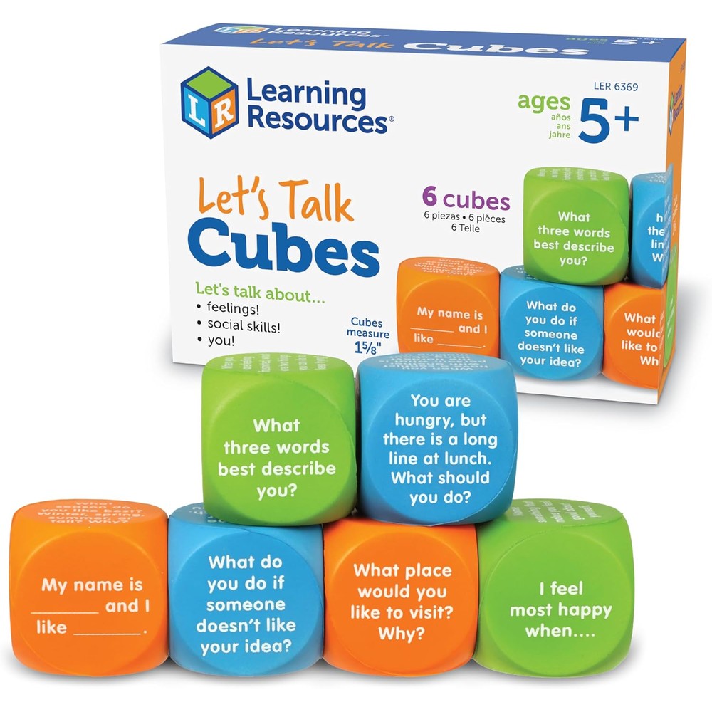 Learning Resources Let's Talk Cubes front view of six colorful conversation dice for classroom social emotional activities.