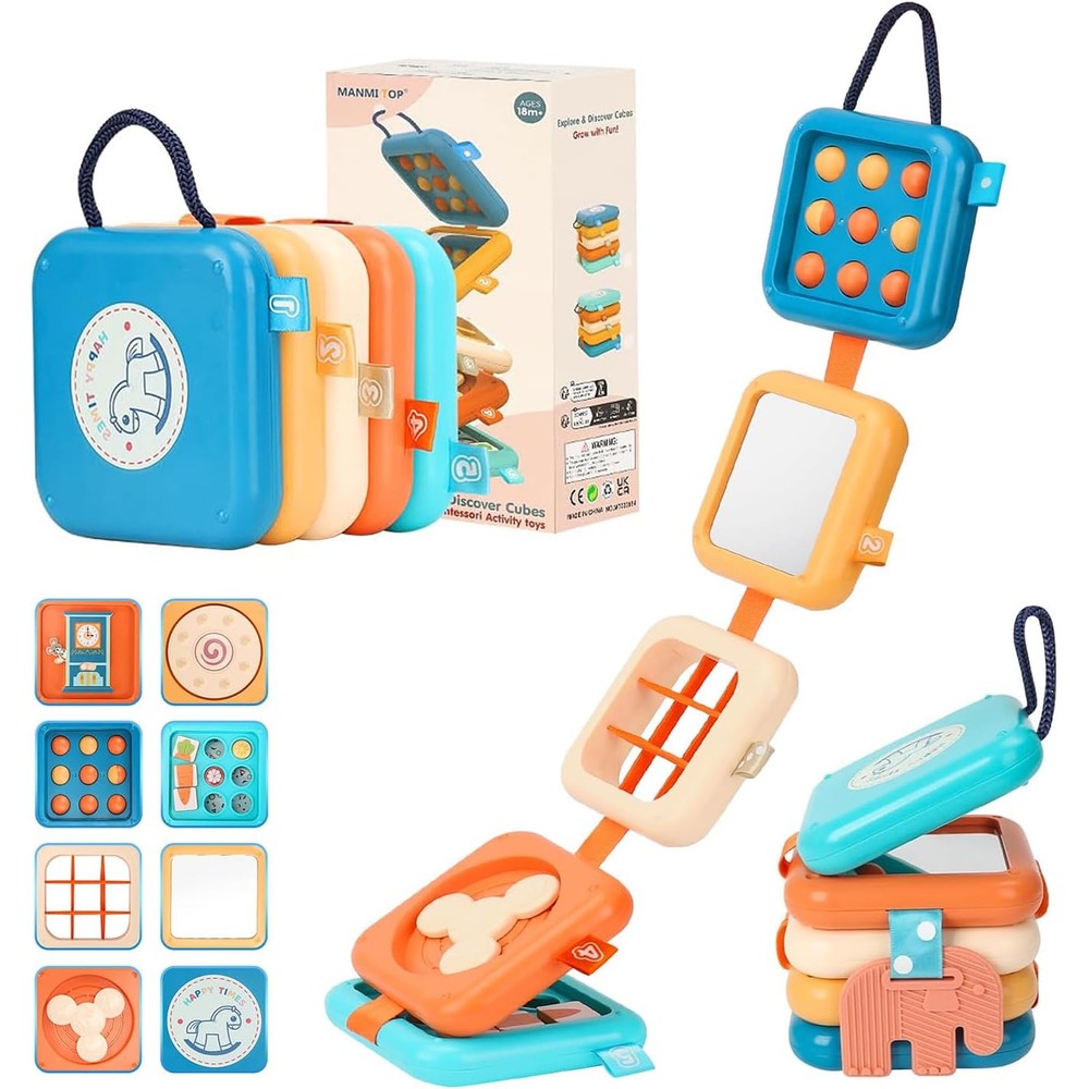 YINGZHIXING Montessori Busy Board Travel Activity Cube front view showing the interactive telephone dial and windmill.