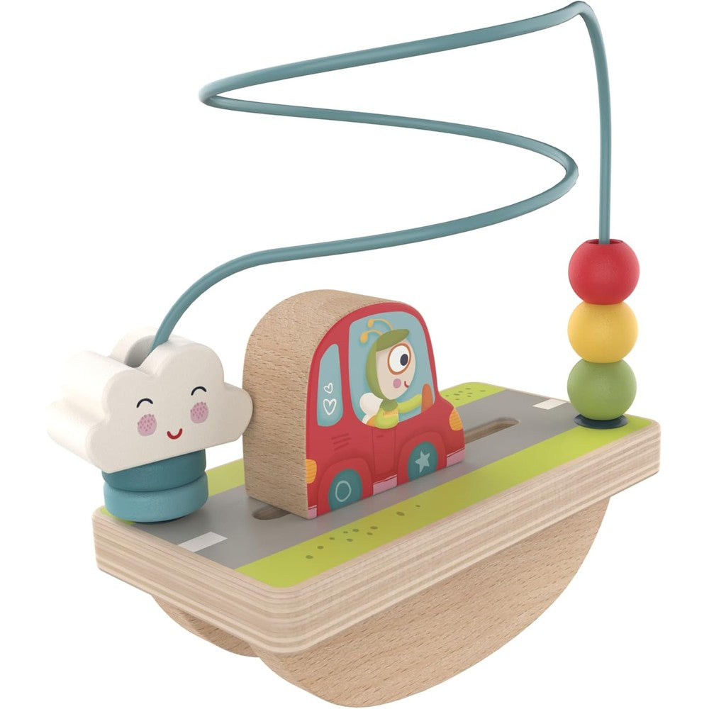 Bababoo and friends Miss Mali's Joyride Bead Maze front view showing the wooden car and colorful sliding beads.