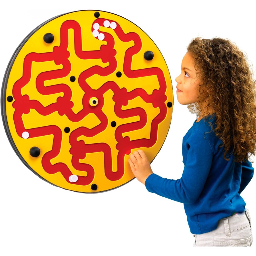 Playscapes Amazer Toddler Wall Activity Board front view featuring yellow on red rotating maze wheel sensory toy.