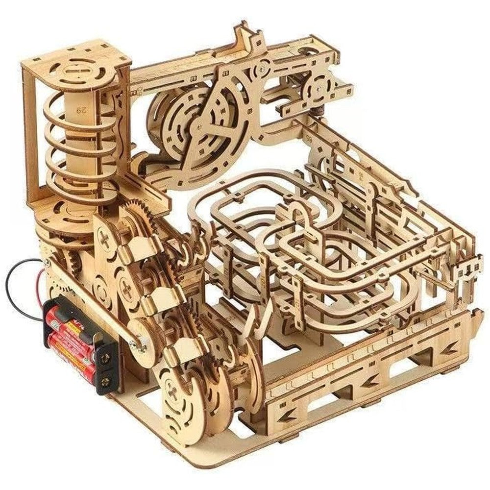 Hnyzlst 3D wooden puzzle marble run front view showcasing the completed mechanical roller coaster track.