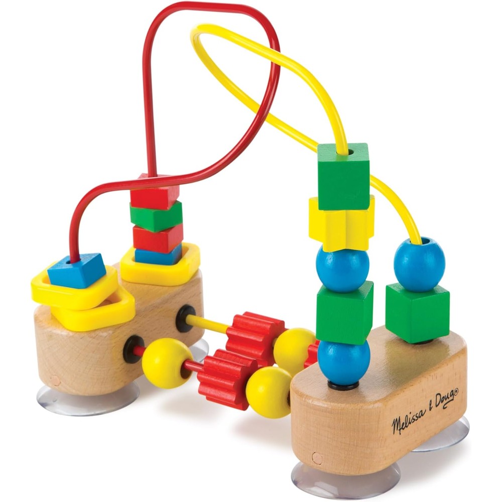 Melissa and Doug First Wooden Bead Maze front view on a high chair tray