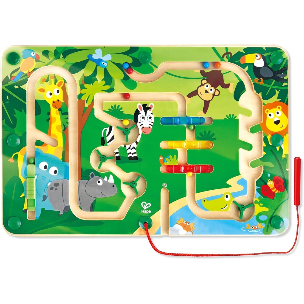 Hape Wooden Jungle Magnetic Maze front view of educational board toy for toddlers