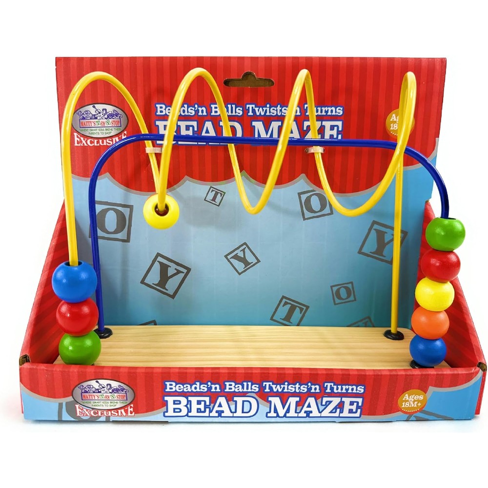 Matty's Toy Stop Wooden Bead Maze front view showing the red and white striped base with colorful educational tracks.