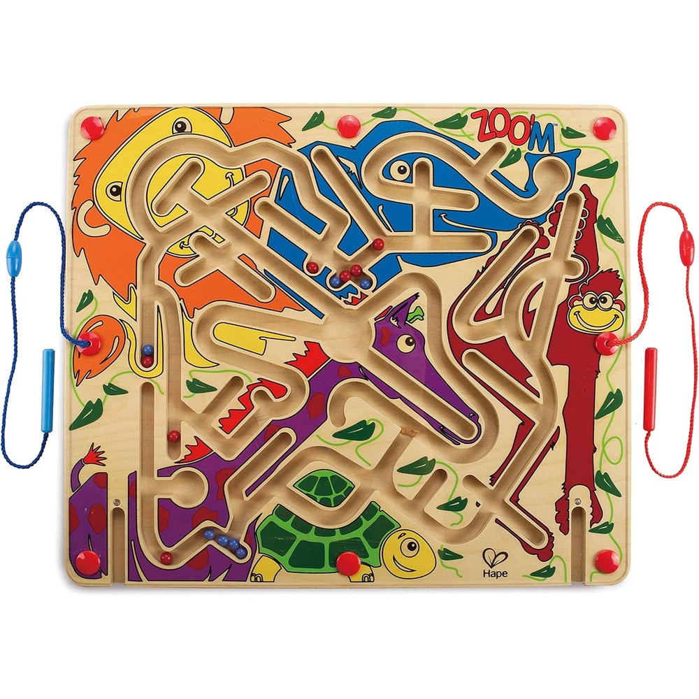 Hape Zoo'm Magnetic Wooden Bead Maze Puzzle front view showing colorful animal illustrations and dual magnetic wands.