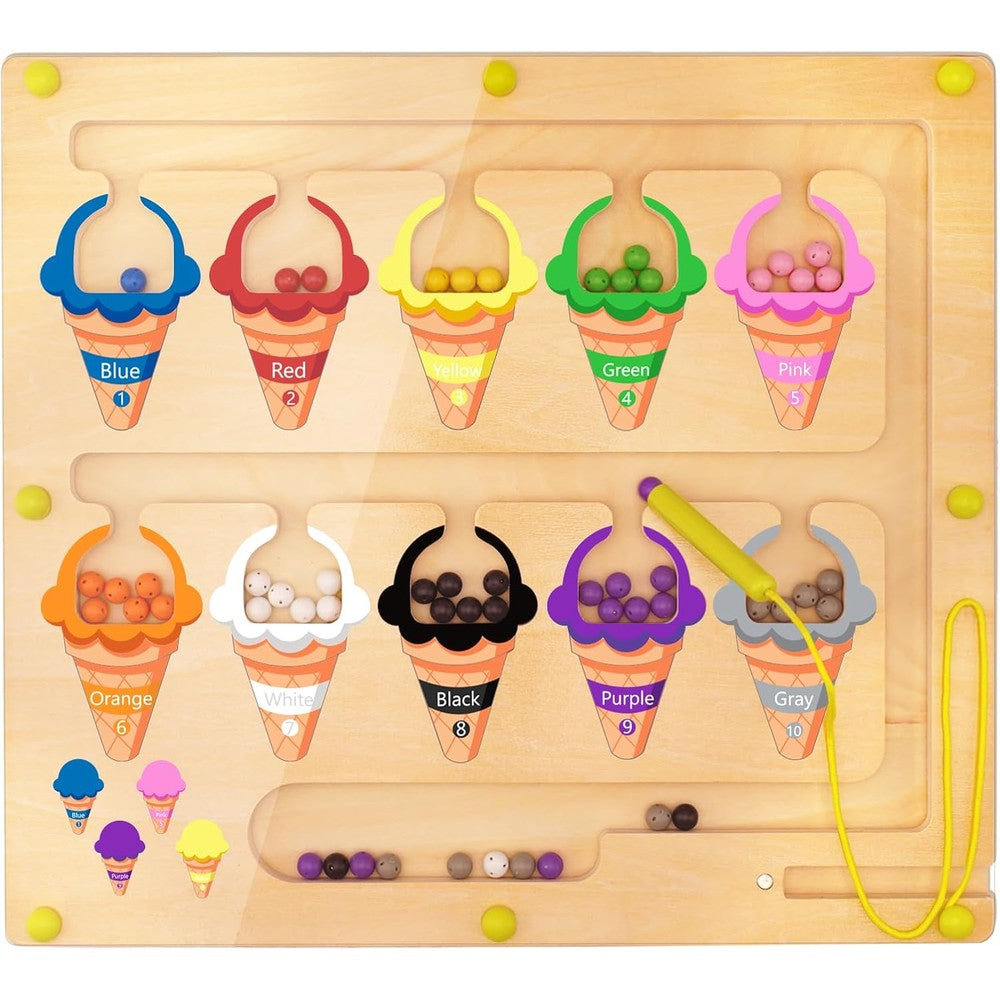 MTYOKILN ice cream magnetic color and number maze educational toy front view showing wooden board with colorful beads.