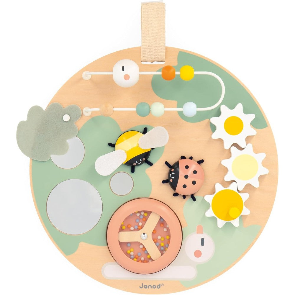 Janod Sweet Cocoon Wooden Busy Board front view showing garden theme toddler toy