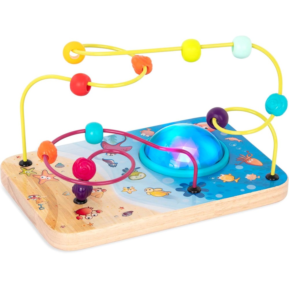 B. toys A-Mazing Seas developmental bead maze front view showing colorful wire tracks and wooden ocean base.