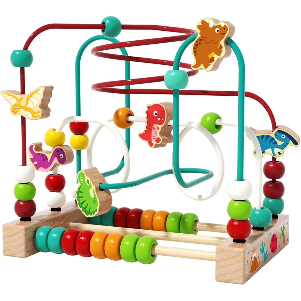 Edutree wooden bead maze dinosaur roller coaster toy front view showing colorful tracking wires.