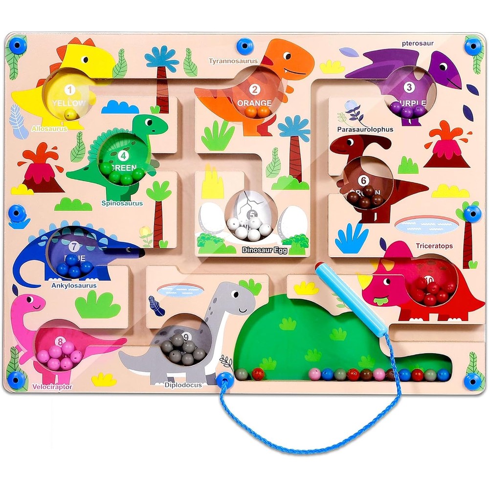 Slipps magnetic color and number maze front view showing wooden dinosaur board