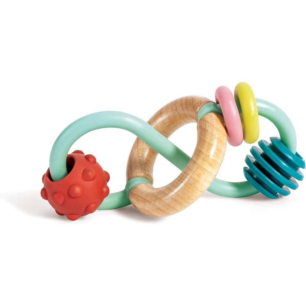 Hape Gregor Grasping Toy front view showing infinity track and wooden ring for baby sensory development