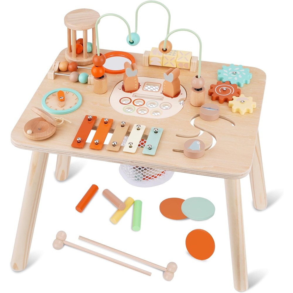 Vanplay ATOYUS Activity Table front view showing the premium wooden sensory layout for toddler learning.
