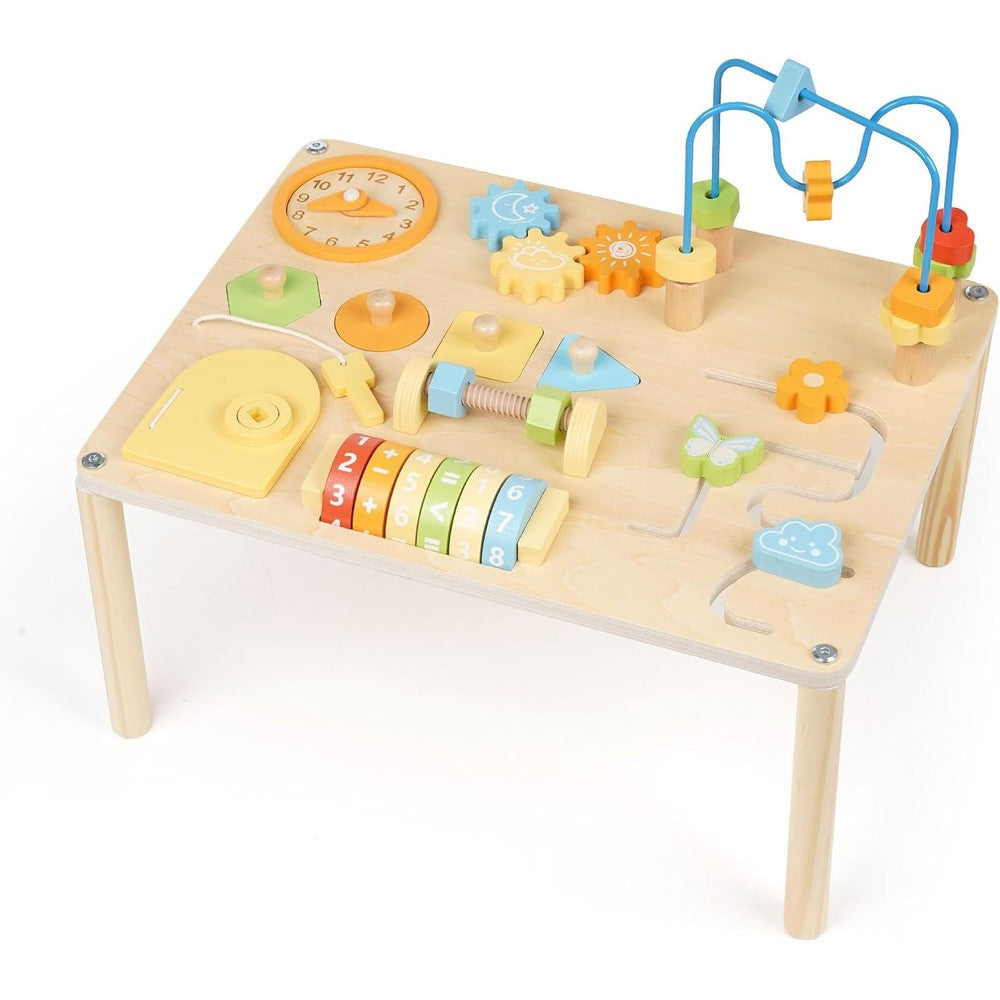 GHOOI wooden activity table front view showing the colorful bead maze and shape sorter components