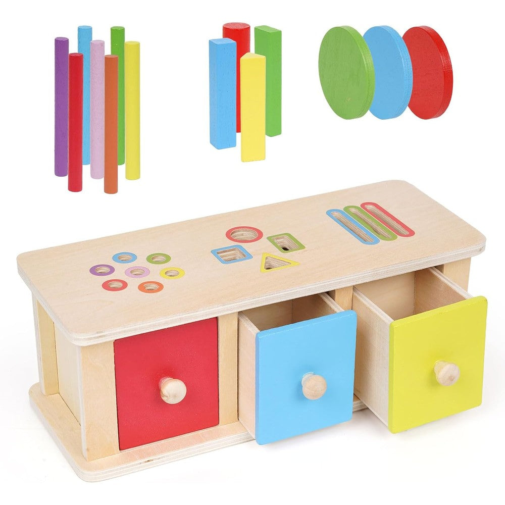 GHOOI Montessori wooden color sorting toy front view showcasing three colored drawers