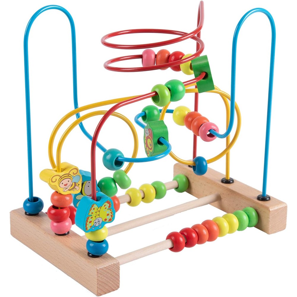 Joqutoys Wooden Bead Maze Toy front view on a play mat showing colorful roller coaster tracks.