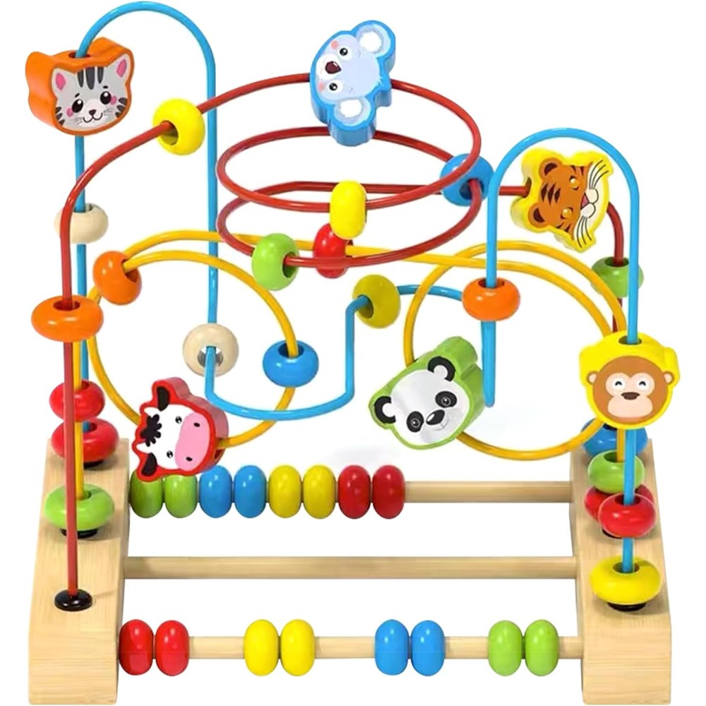 QZMTOY wooden bead maze toy front view showing colorful roller coaster tracks and animal shapes