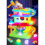 Funwee 2-in-1 rolling ball and racing car ramp toy front view yellow color Montessori playset.