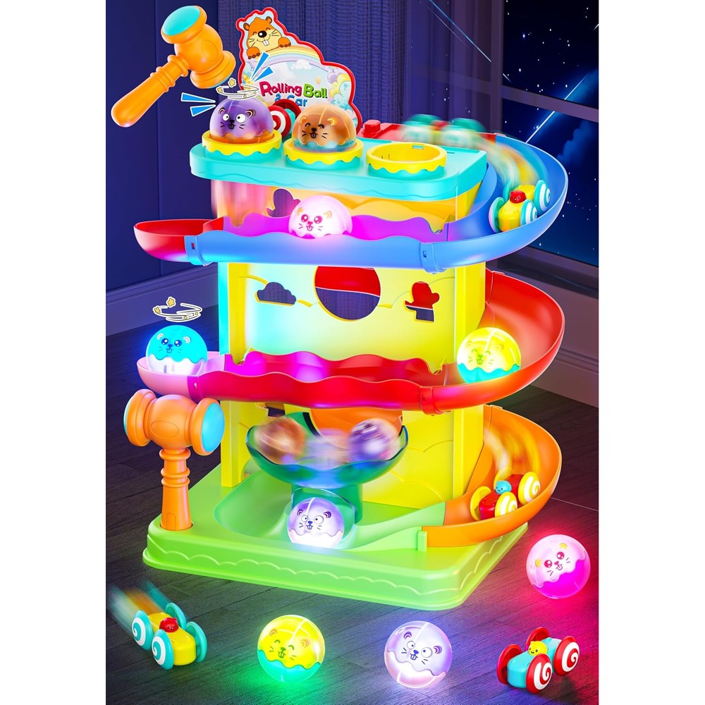 Funwee 2-in-1 rolling ball and racing car ramp toy front view yellow color Montessori playset.