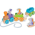 Melissa & Doug First Play Wooden Rocking Farm Animals Pull Train front view showing three linked cars with rolling wheels.