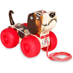 Basic Fun Fisher Price Little Snoopy toy front view featuring bright red wheels and pull cord.