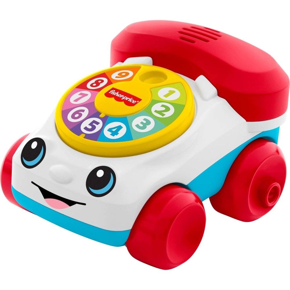 Fisher Price mini chatterphone vehicle front view showing yellow rotary dial and blue wheels