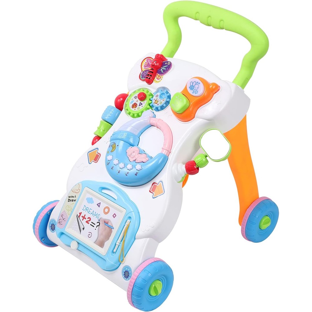 Cuterabit 2 in 1 sit to stand baby walker front view showing the colorful musical activity panel.