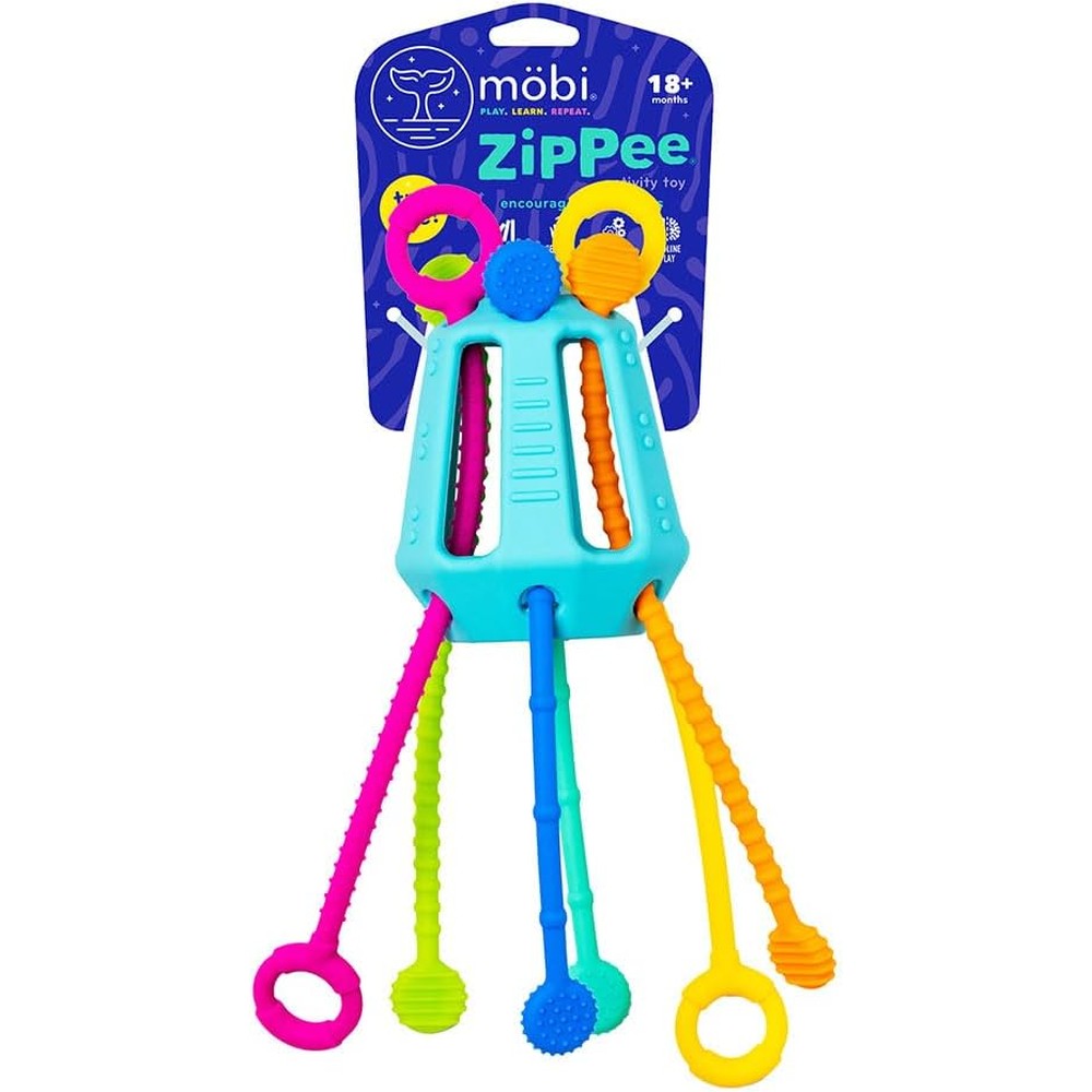 Mobi Zippee Activity Toy front view showing colorful textured silicone pull strings for toddler sensory play.