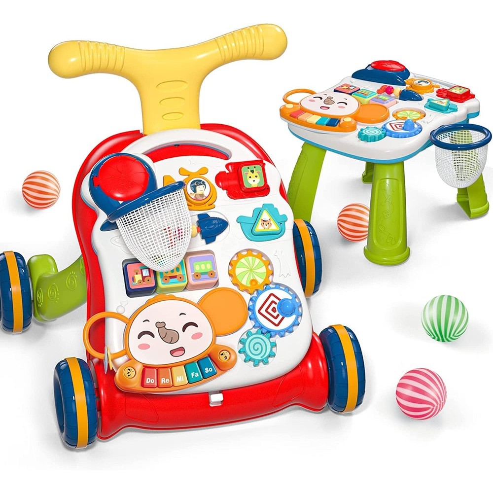 Cute Stone Sit to Stand Learning Walker front view showing colorful interactive activity panel