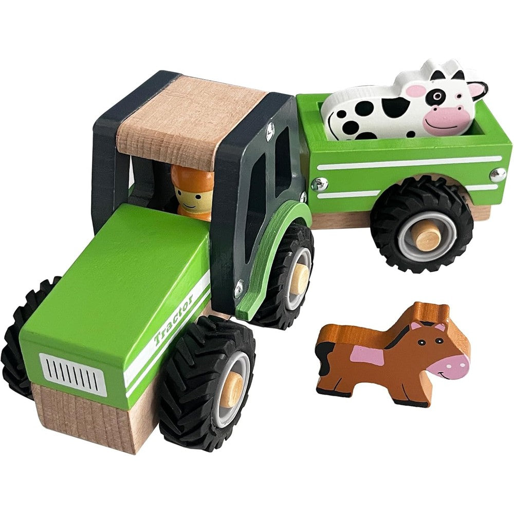 WoodenEdu wooden tractor toy green front view showcasing the toddler push car vehicle.