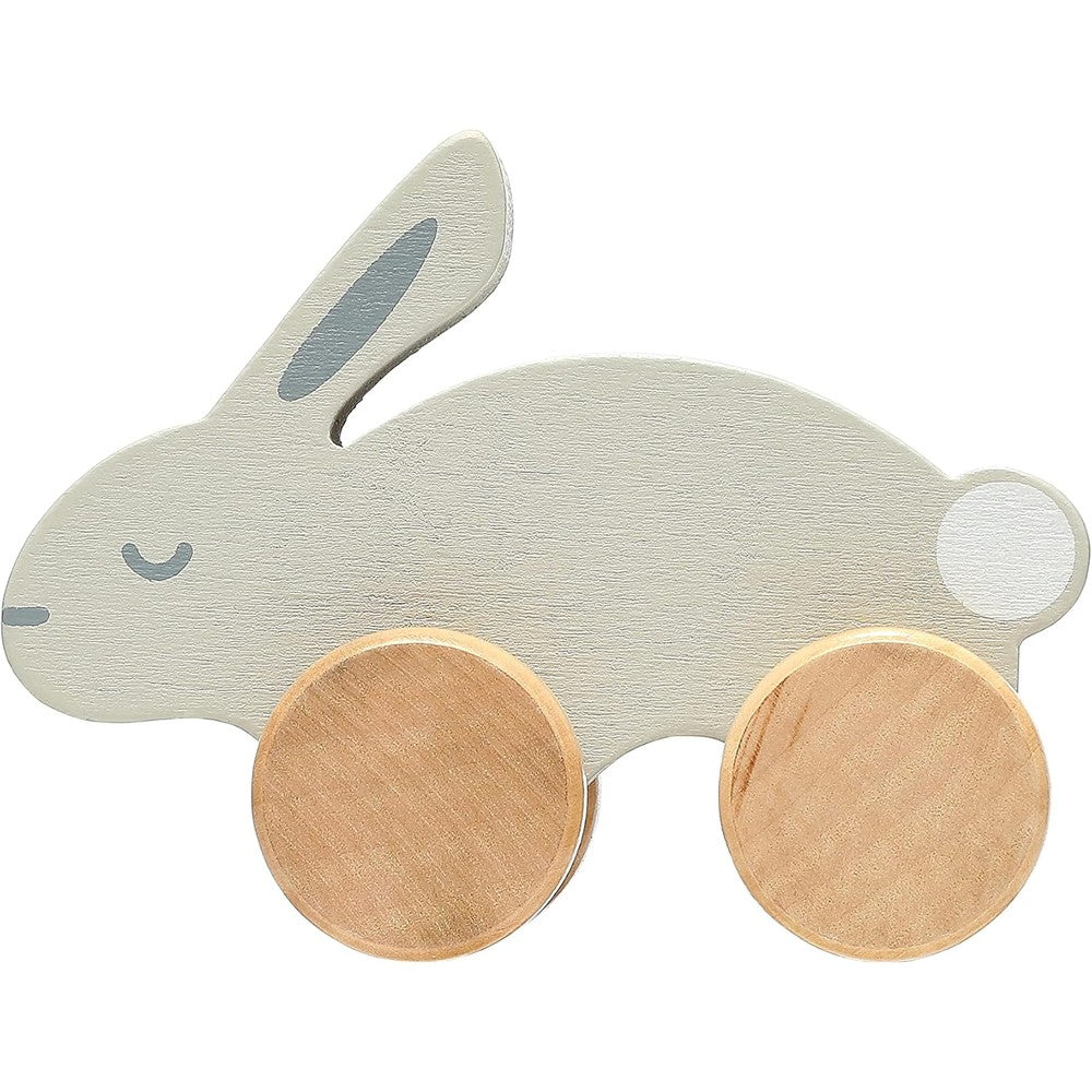 Pearhead Montessori Wooden Bunny Push Toy front view featuring smooth natural wood wheels.