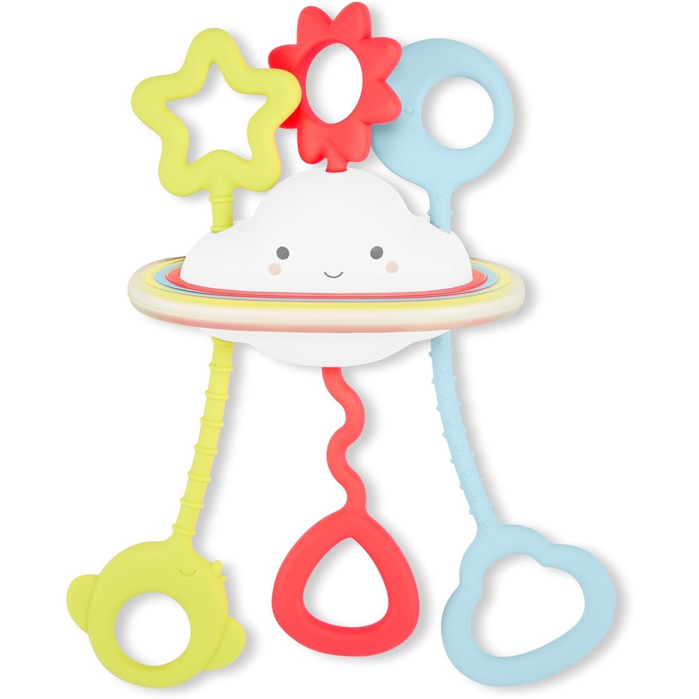 Skip Hop Baby Sensory Toy Pull And Play Silver Lining Cloud front view showing teething friendly silicone pullers.