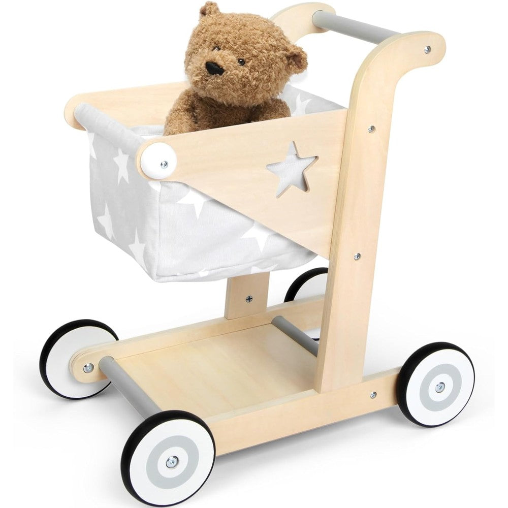 Asweets 2 in 1 wooden baby walker front view with grey star fabric basket