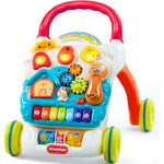 SYNCFUN Baby Learning Walker front view showing red handle and interactive musical activity panel.