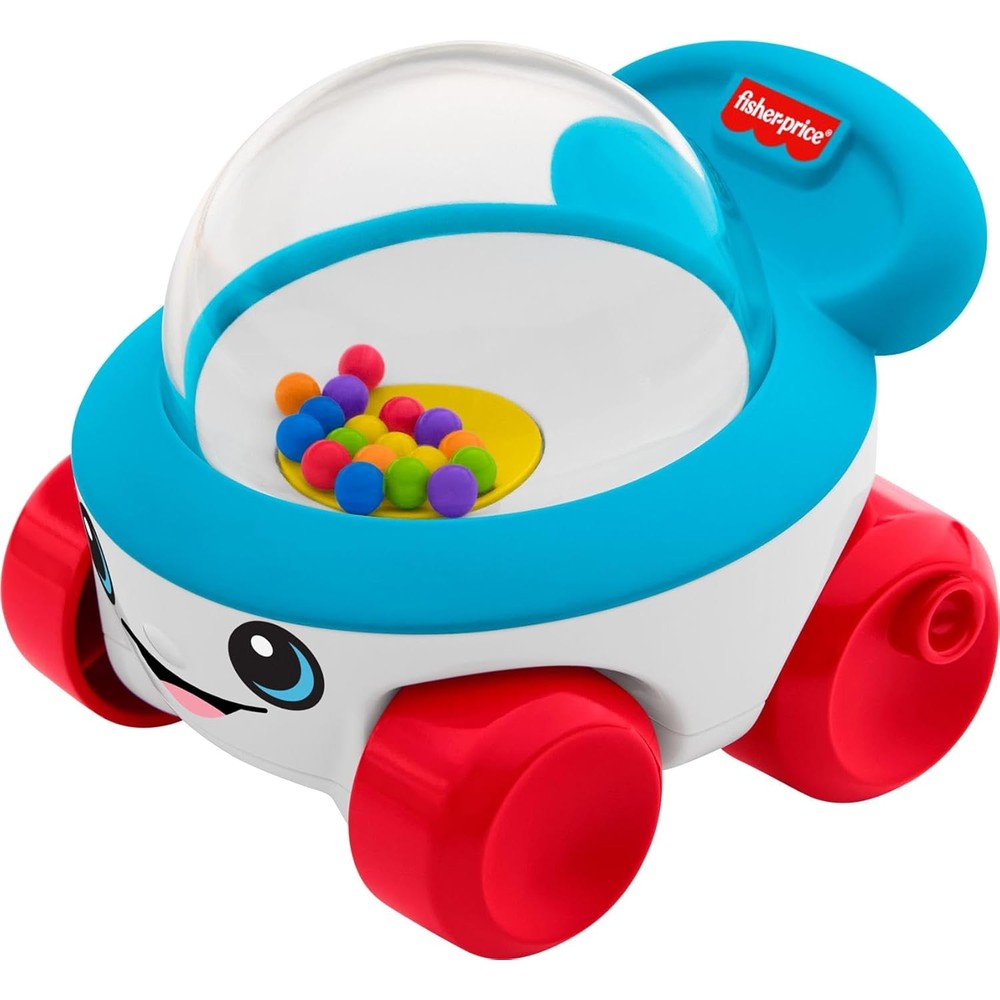 Fisher-Price baby toy corn popper push-along vehicle front view showcasing the clear dome with colorful bouncing balls