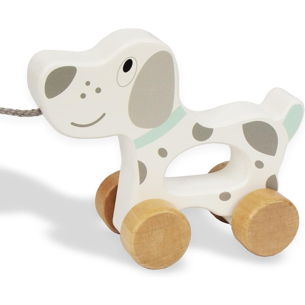 WoodenEdu baby wooden pull along toddler toy car dog front view showing smooth natural wood wheels