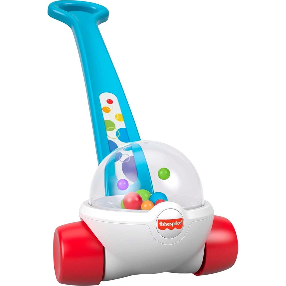Fisher-Price baby corn popper toy front view showing blue handle and red wheels.