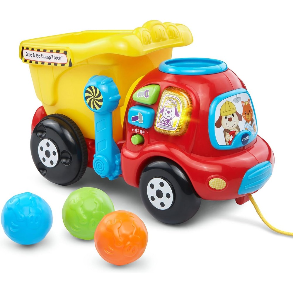 VTech Drop and Go Dump Truck Yellow front view showing interactive counting bucket