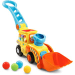 VTech Pop-a-Balls Push and Pop Bulldozer Yellow front view displaying learning buttons and popping balls