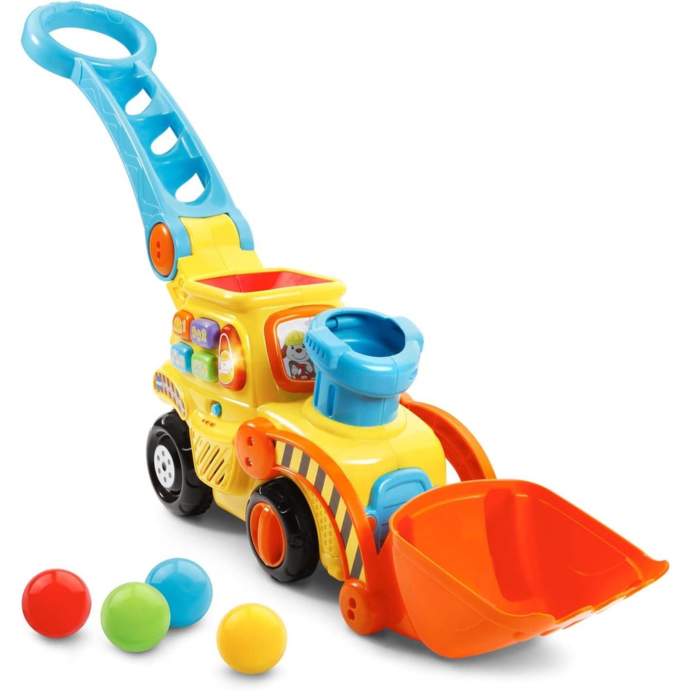VTech Pop-a-Balls Push and Pop Bulldozer Yellow front view displaying learning buttons and popping balls