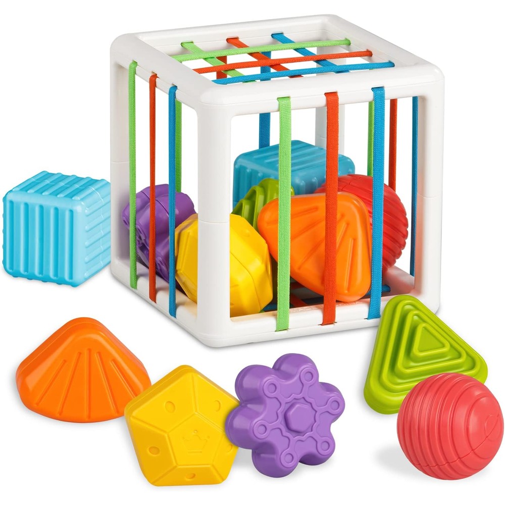Joy Maker Montessori activity cube with 6 shape blocks front view