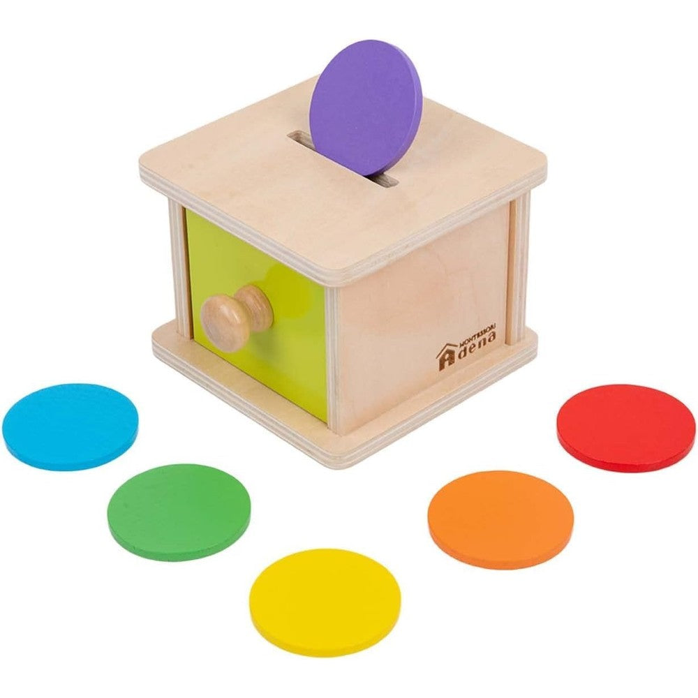 Adena Montessori coin box front view with yellow-green drawer